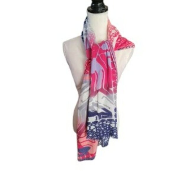 Beautifull Navy Blue, Pink, Gray & Tan Scarf with Fringe - Picture 2 of 5